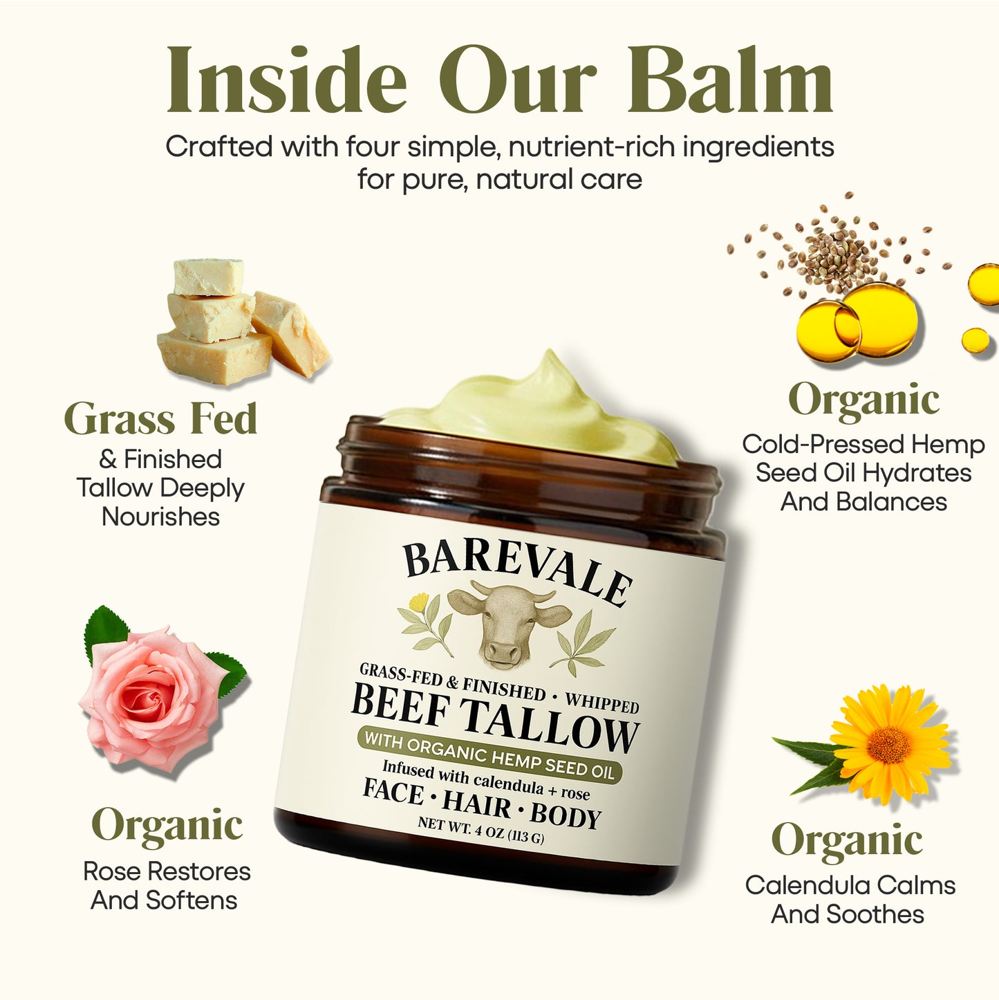 Grass-Fed & Finished Whipped Beef Tallow Balm – 4 oz